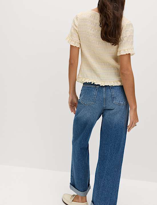 Collarless Shirred Button Through Top