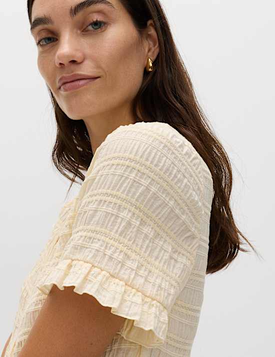 Collarless Shirred Button Through Top