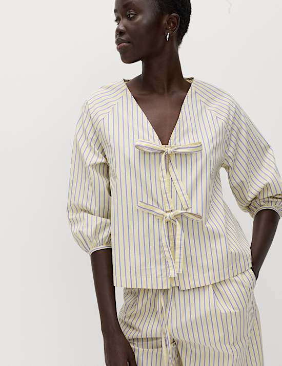 Gestreepte blouse van zuiver katoen met striksluiting