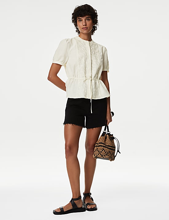 Linen Rich Embroidered High Neck Blouse