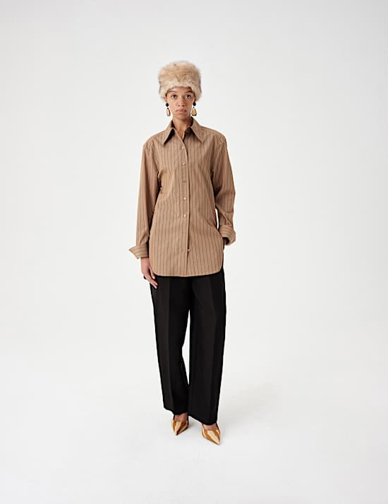 Pure Cotton Striped Padded Shoulder Longline Fitted Shirt