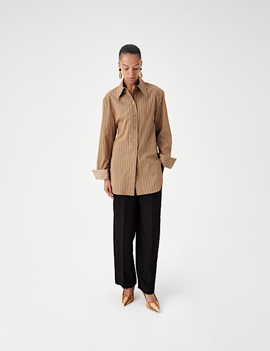 Pure Cotton Striped Padded Shoulder Longline Fitted Shirt