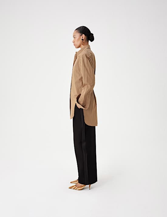 Pure Cotton Striped Padded Shoulder Longline Fitted Shirt