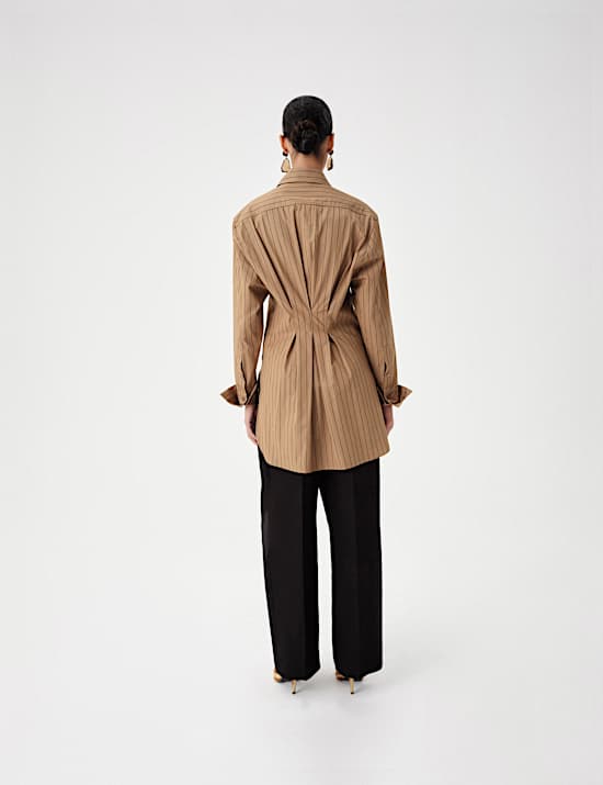 Pure Cotton Striped Padded Shoulder Longline Fitted Shirt