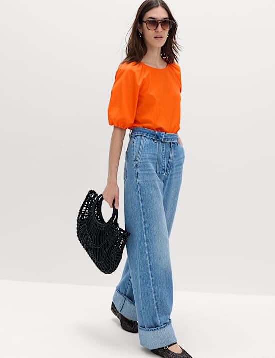Zuiver katoenen blouse met pofmouwen en print