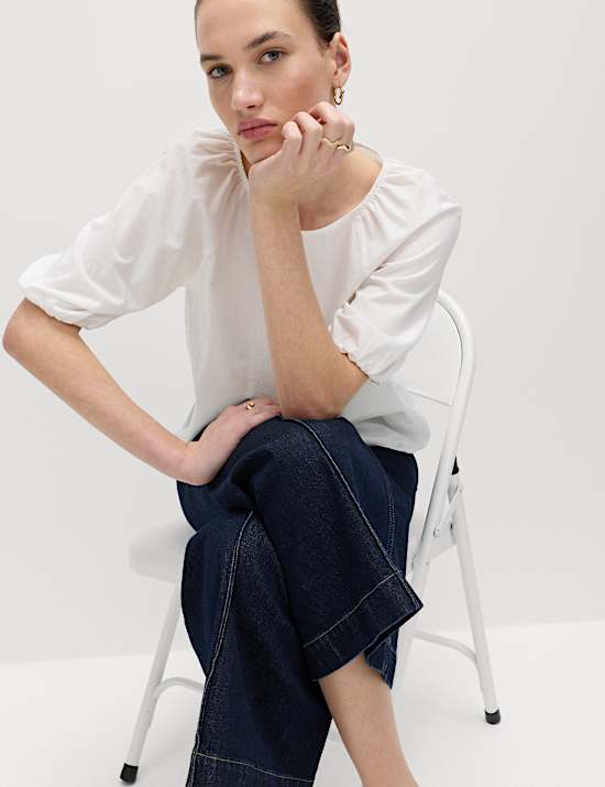 Blouse 100 % coton &agrave; manches bouffantes avec imprim&eacute;