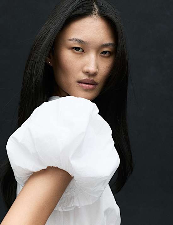 Pure Cotton Puff Sleeve Drawstring Waisted Top