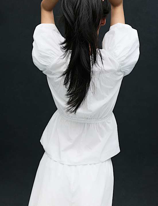 Pure Cotton Puff Sleeve Drawstring Waisted Top