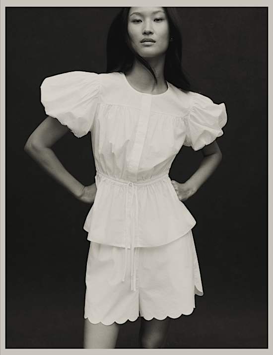 Pure Cotton Puff Sleeve Drawstring Waisted Top