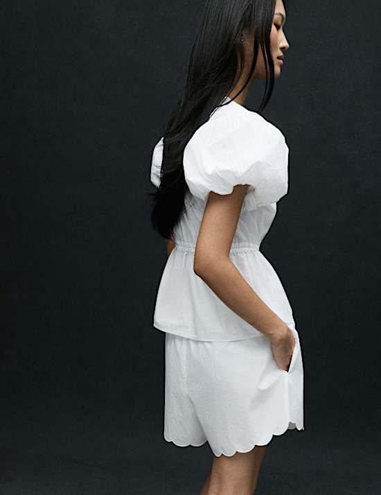 Pure Cotton Puff Sleeve Drawstring Waisted Top