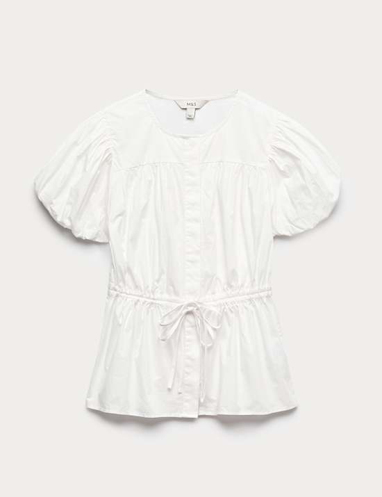 Pure Cotton Puff Sleeve Drawstring Waisted Top