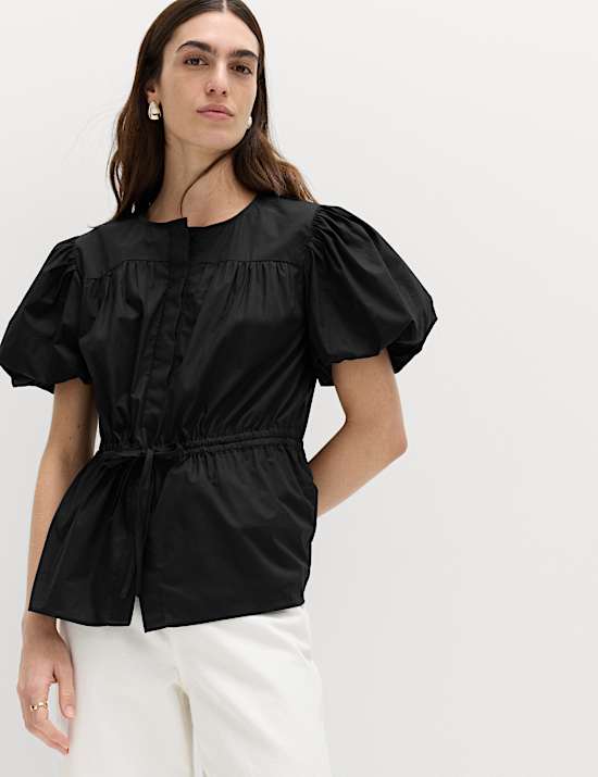 Pure Cotton Puff Sleeve Drawstring Waisted Top