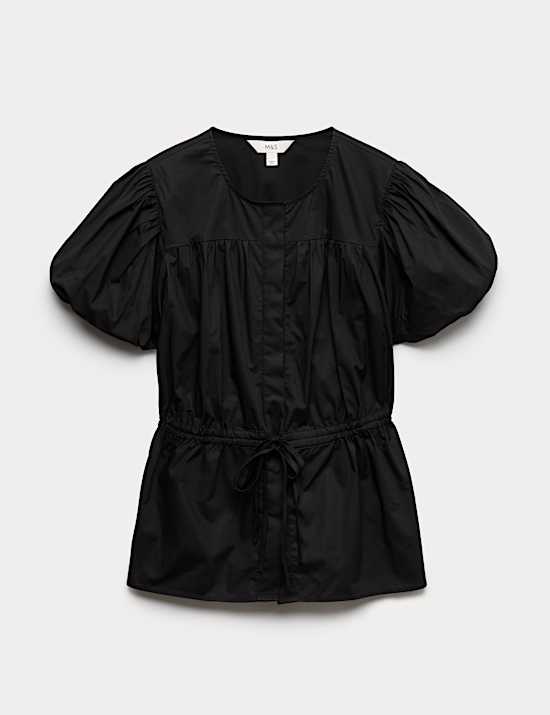 Pure Cotton Puff Sleeve Drawstring Waisted Top