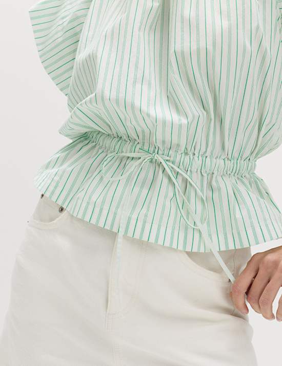 Pure Cotton Striped Puff Sleeve Drawstring Top