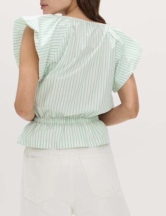 Pure Cotton Striped Puff Sleeve Drawstring Top