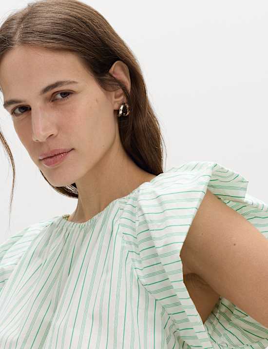 Pure Cotton Striped Puff Sleeve Drawstring Top