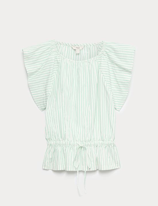 Pure Cotton Striped Puff Sleeve Drawstring Top