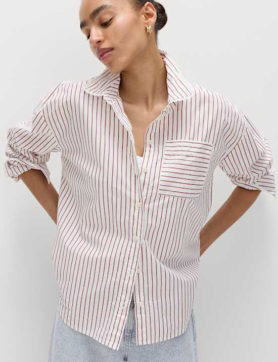 Pure Cotton Striped Lace Oversized Shirt