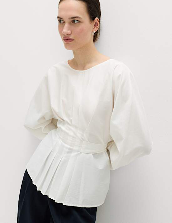 Pure Cotton Pleat Tie Detail Blouse