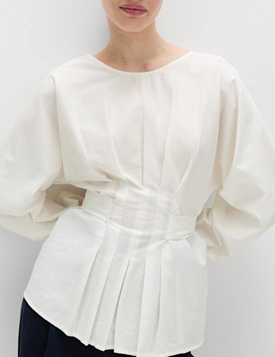 Pure Cotton Pleat Tie Detail Blouse