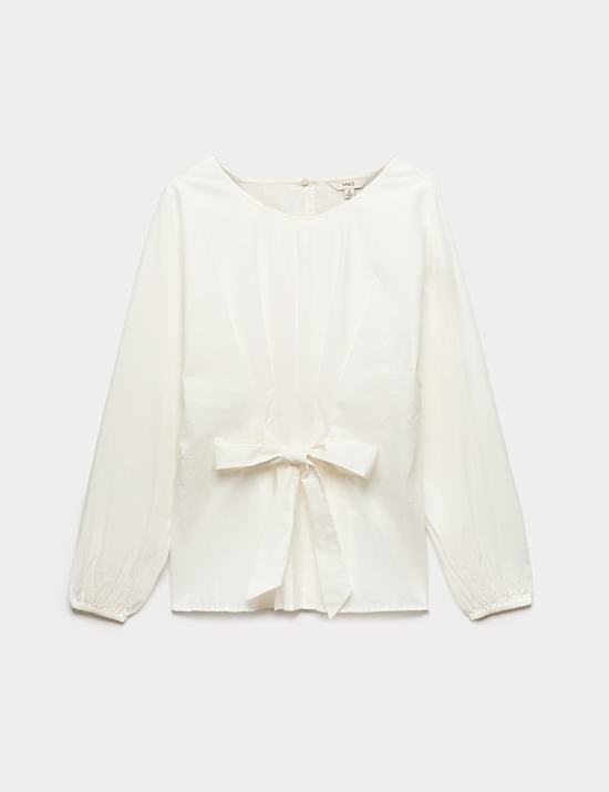 Pure Cotton Pleat Tie Detail Blouse
