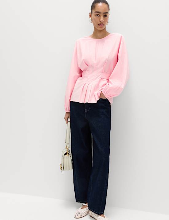 Blouse 100 % coton &agrave; plis et col &agrave; nouer