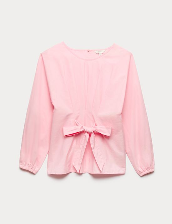 Blouse 100 % coton &agrave; plis et col &agrave; nouer