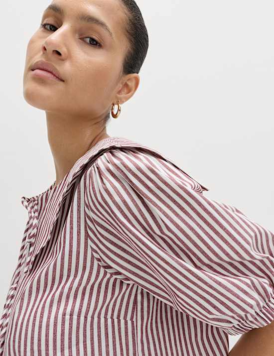 Extragro&szlig;es Hemd aus reiner Baumwolle mit Kragen, Schleifendetail und Streifenmuster