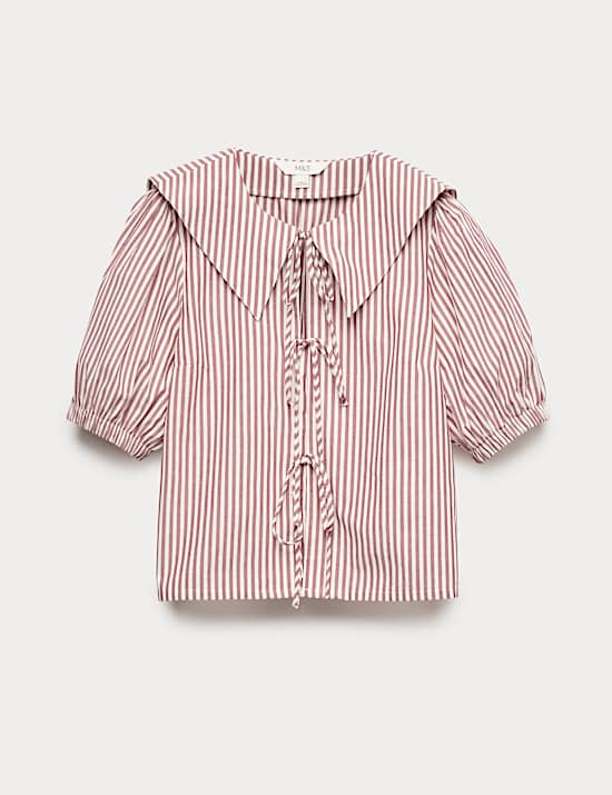 Extragro&szlig;es Hemd aus reiner Baumwolle mit Kragen, Schleifendetail und Streifenmuster