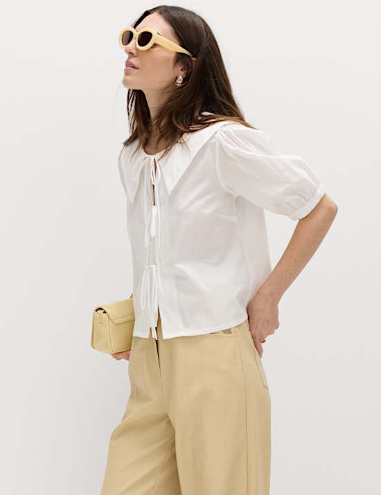 Pure Cotton Striped Oversized Collar Tie Detail Shirt