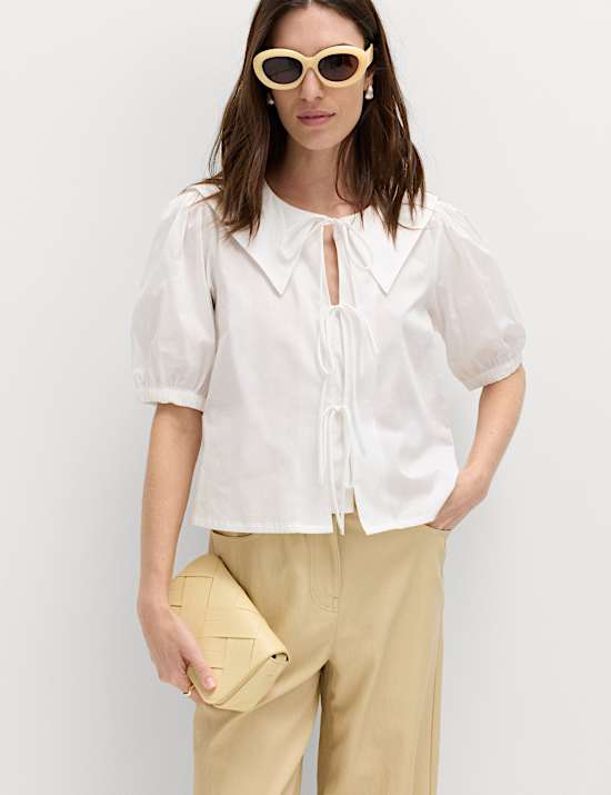 Pure Cotton Striped Oversized Collar Tie Detail Shirt