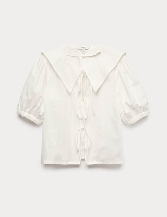 Pure Cotton Striped Oversized Collar Tie Detail Shirt