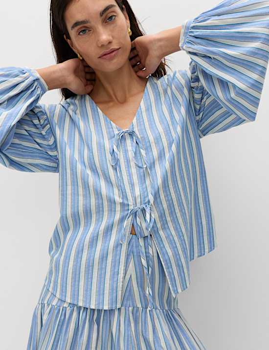Pure Cotton Striped Tie Front Blouse