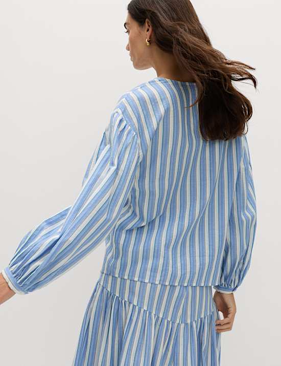 Pure Cotton Striped Tie Front Blouse