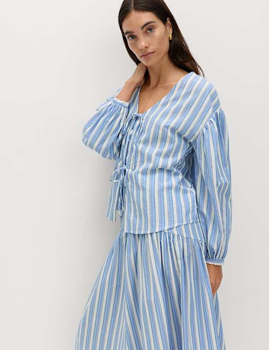 Pure Cotton Striped Tie Front Blouse