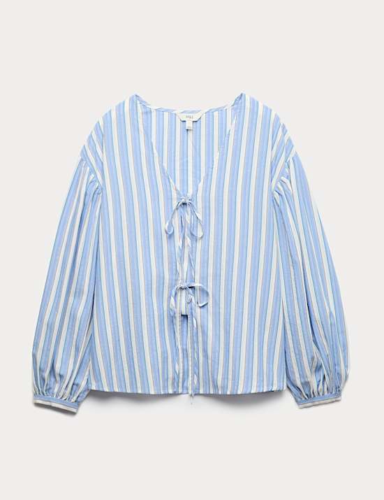 Pure Cotton Striped Tie Front Blouse