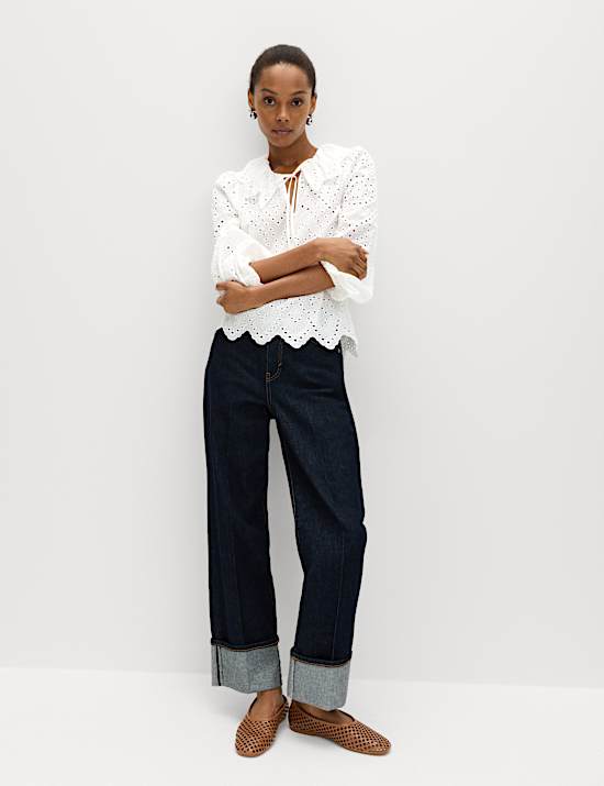 Pure Cotton Broderie Tie Front Blouse