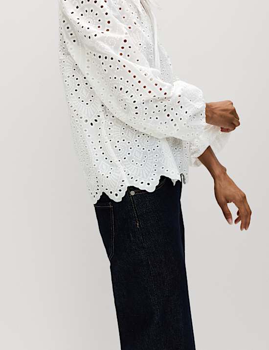 Pure Cotton Broderie Tie Front Blouse