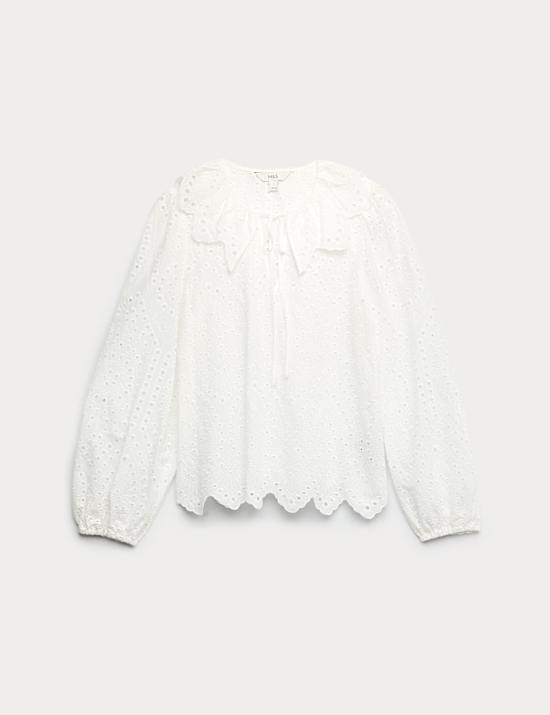Pure Cotton Broderie Tie Front Blouse