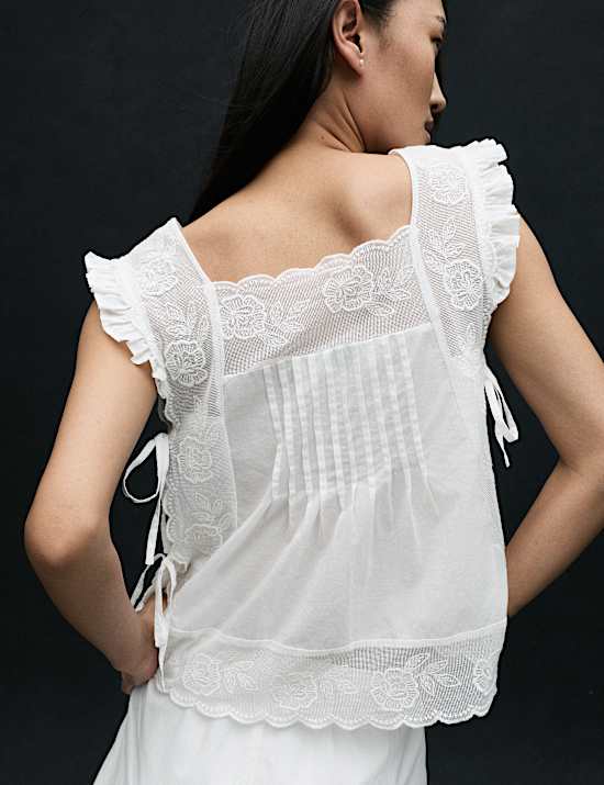 Pure Cotton Lace Bib Detail Embroidered Top