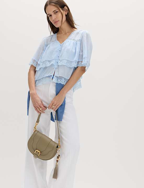 Pure Cotton V-Neck Lace Insert Blouse