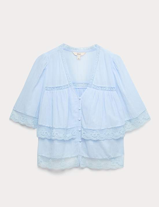 Pure Cotton V-Neck Lace Insert Blouse