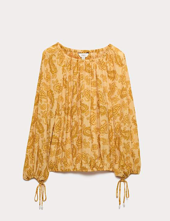 Gestreepte blouse met pliss&eacute; en strikdetail