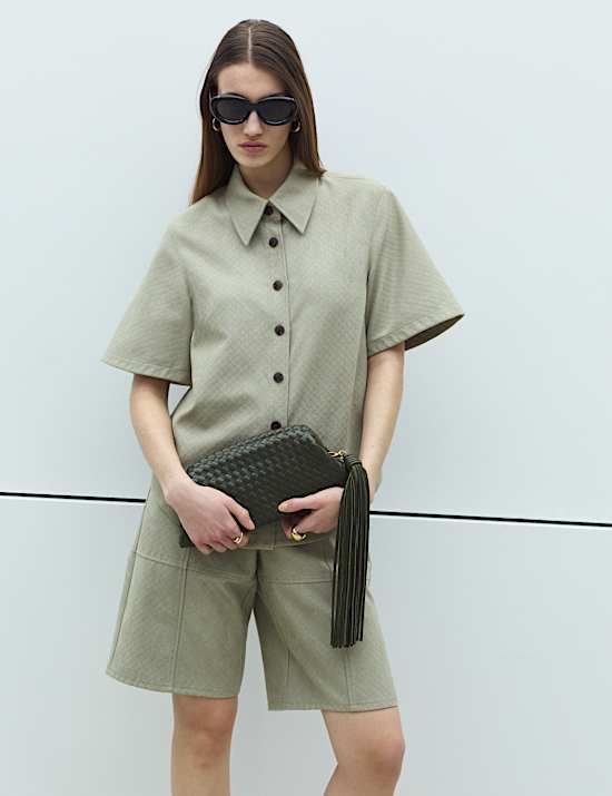 Faux Suede Basket Weave Collared Shirt