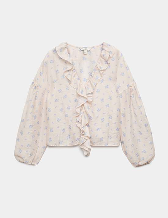 Lyocellrijke blouse met bloemenmotief en ruches