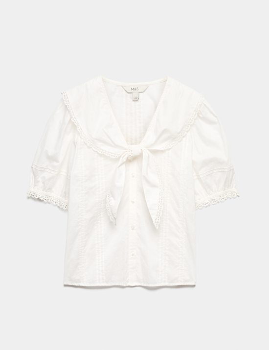 Zuiver katoenen blouse met strikdetail en broderie en bootkraag