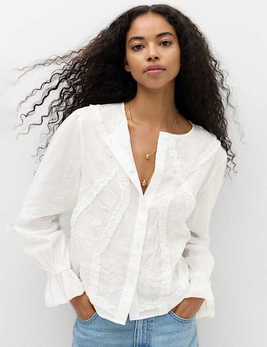 Cotton Rich Embroidered Ruffle Detail Top