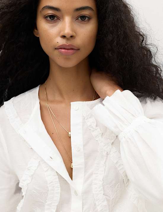 Cotton Rich Embroidered Ruffle Detail Top