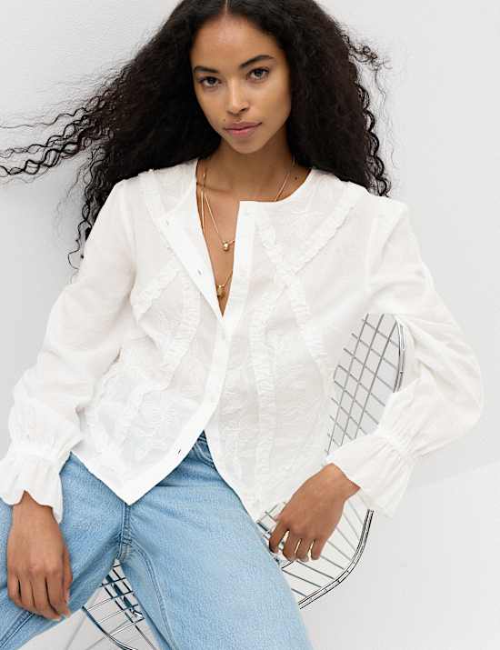Cotton Rich Embroidered Ruffle Detail Top
