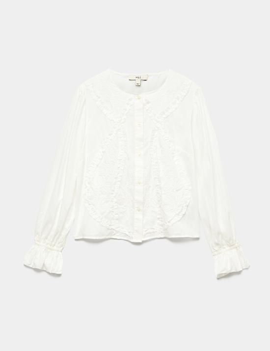 Cotton Rich Embroidered Ruffle Detail Top
